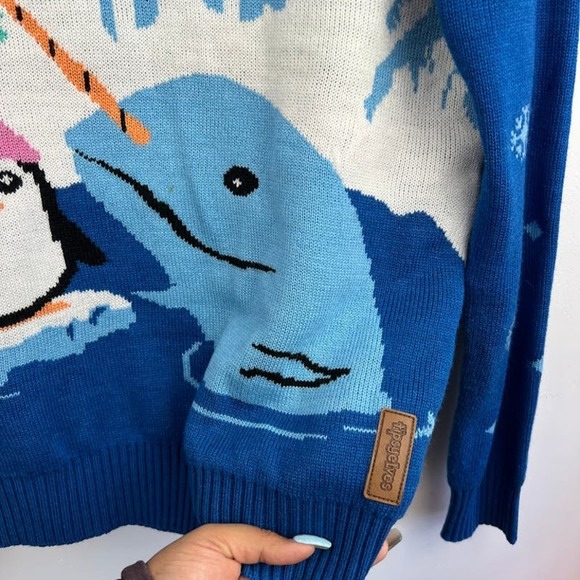 Tipsy Elves Narwhal Penguin Blue Ugly Mistle Toe Christmas Sweater size Medium - Picture 5 of 9